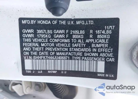 2018 Honda Civic Sport из США, поврежденный, VIN SHHFK7H44JU406871